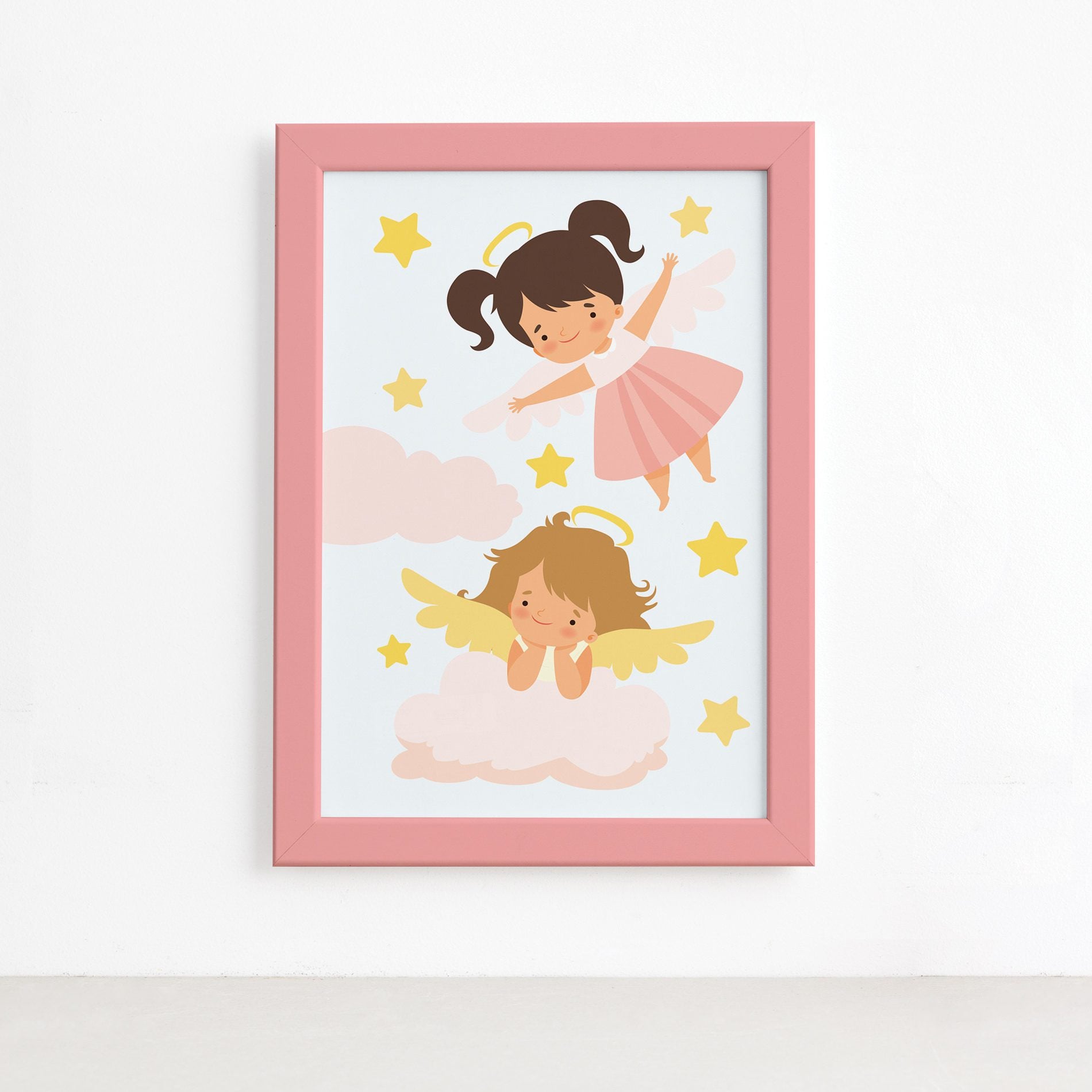 Quadro Anjos no Céu Menina Moldura Rosa 22x32cm,Quadro Anjos no Céu Menina Moldura Rosa 22x32cm