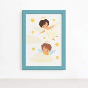 Quadro Anjos no Céu Menino Moldura Azul 22x32cm,Quadro Anjos no Céu Menino Moldura Azul 22x32cm