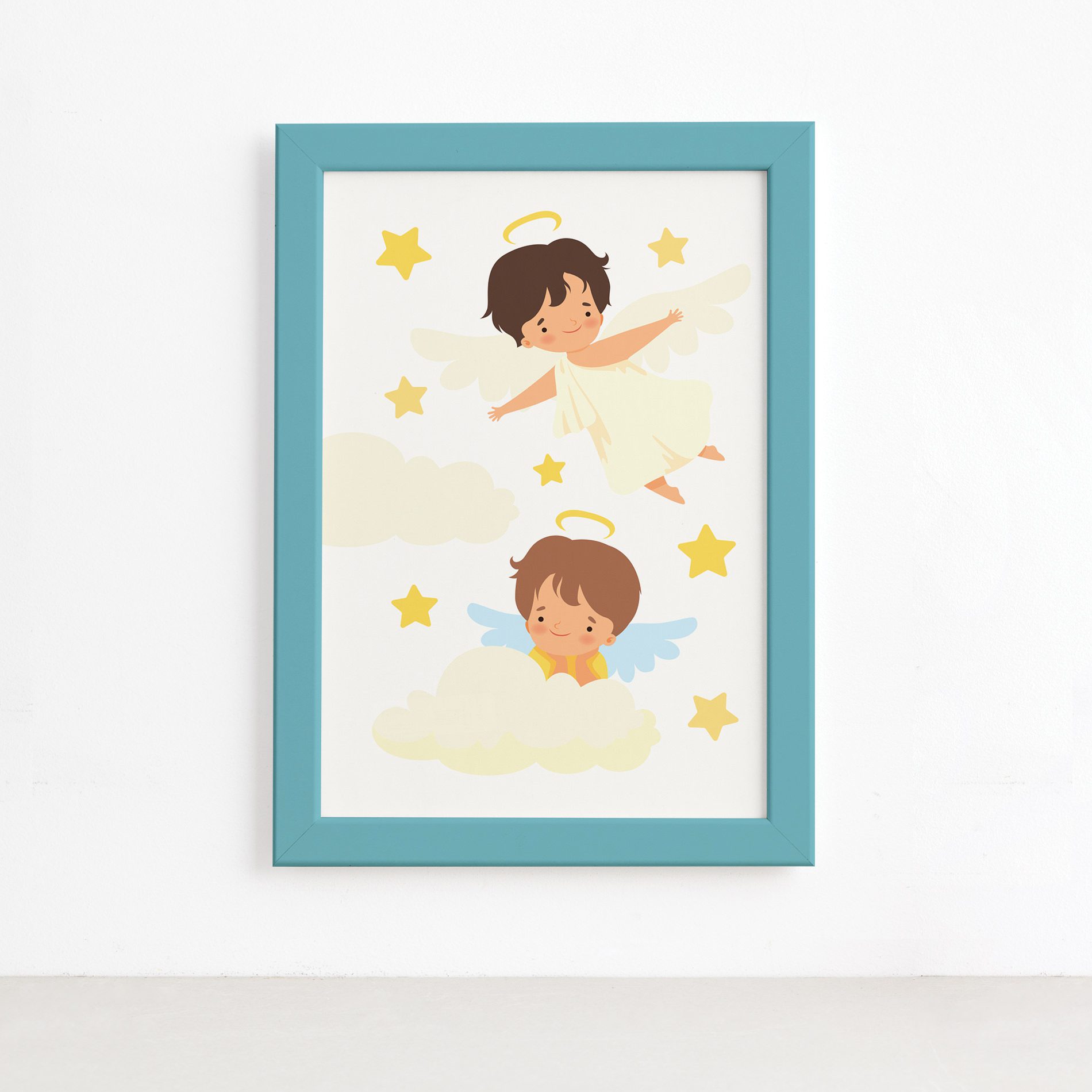 Quadro Anjos no Céu Menino Moldura Azul 22x32cm,Quadro Anjos no Céu Menino Moldura Azul 22x32cm