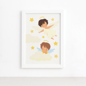 Quadro Anjos no Céu Menino Moldura Branca 22x32cm,Quadro Anjos no Céu Menino Moldura Branca 22x32cm