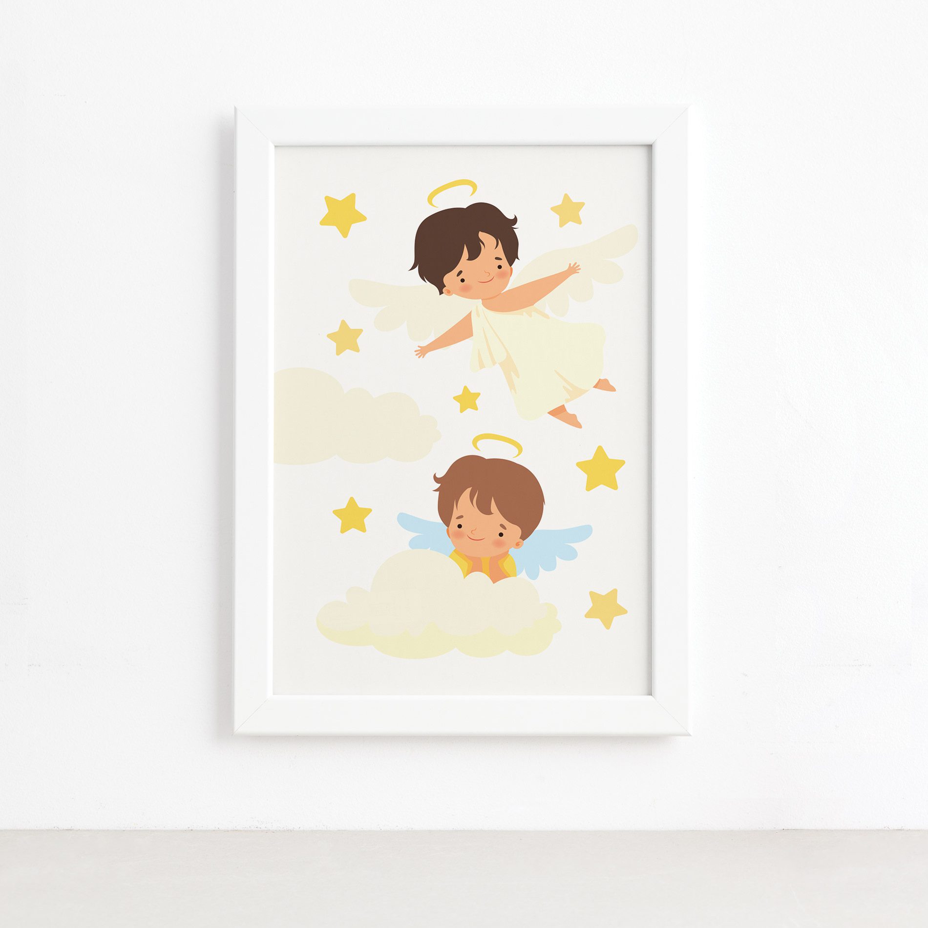 Quadro Anjos no Céu Menino Moldura Branca 22x32cm,Quadro Anjos no Céu Menino Moldura Branca 22x32cm