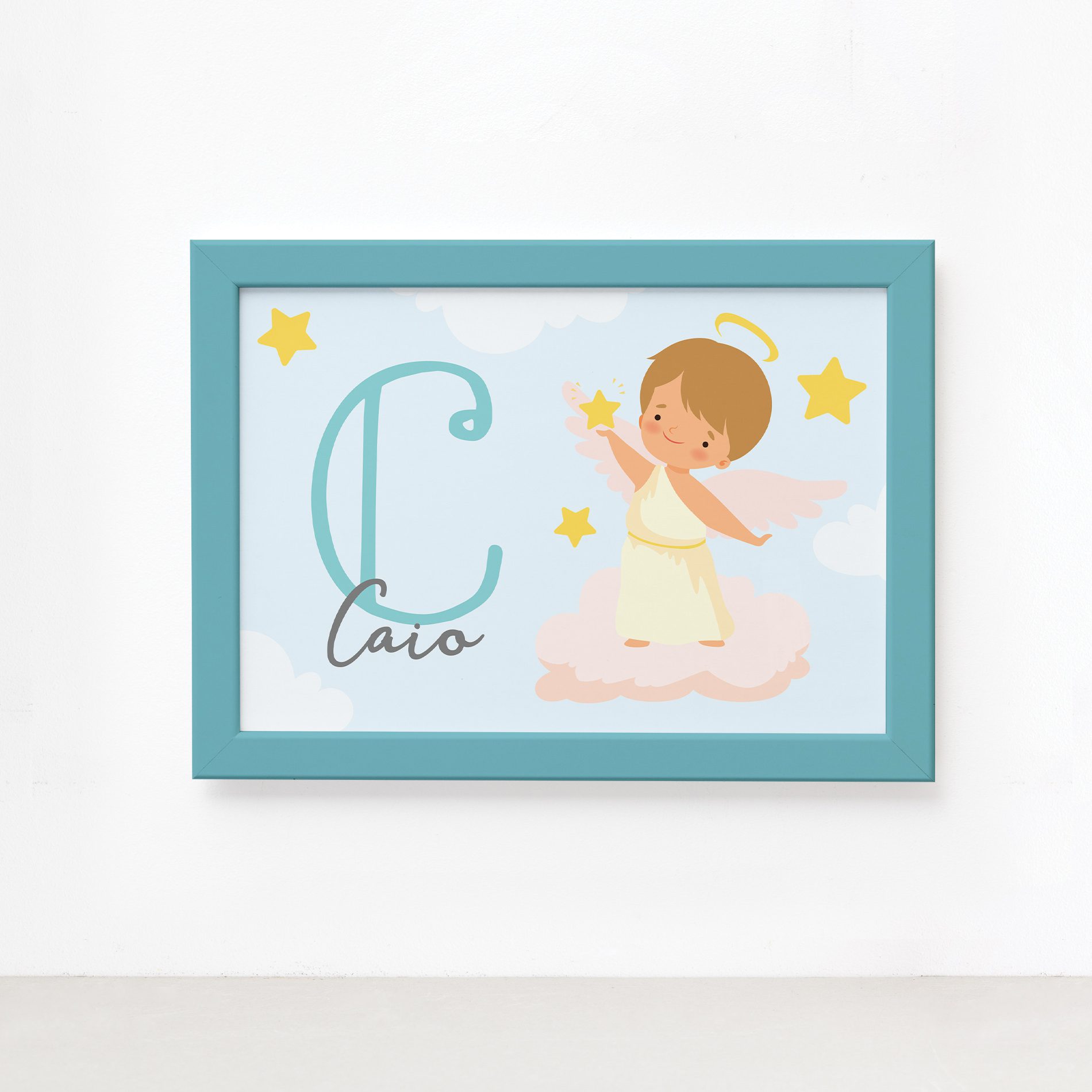 Quadro Nome Personalizado Anjo Menino Moldura Azul 22x32cm,Quadro Nome Personalizado Anjo Menino Moldura Azul 22x32cm