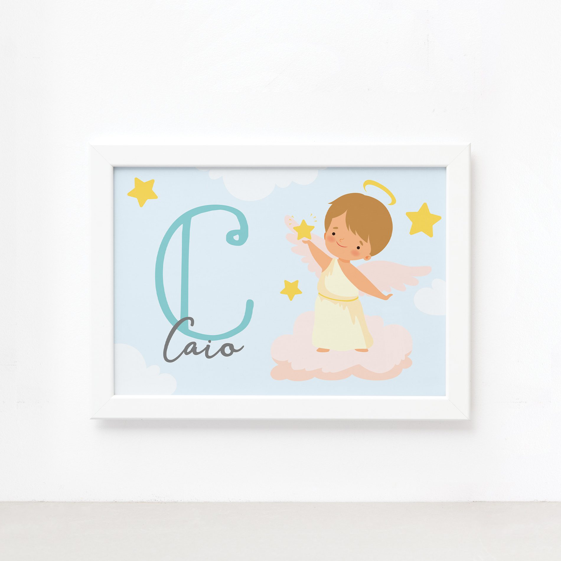Quadro Nome Personalizado Anjo Menino Moldura Branca 22x32cm,Quadro Nome Personalizado Anjo Menino Moldura Branca 22x32cm