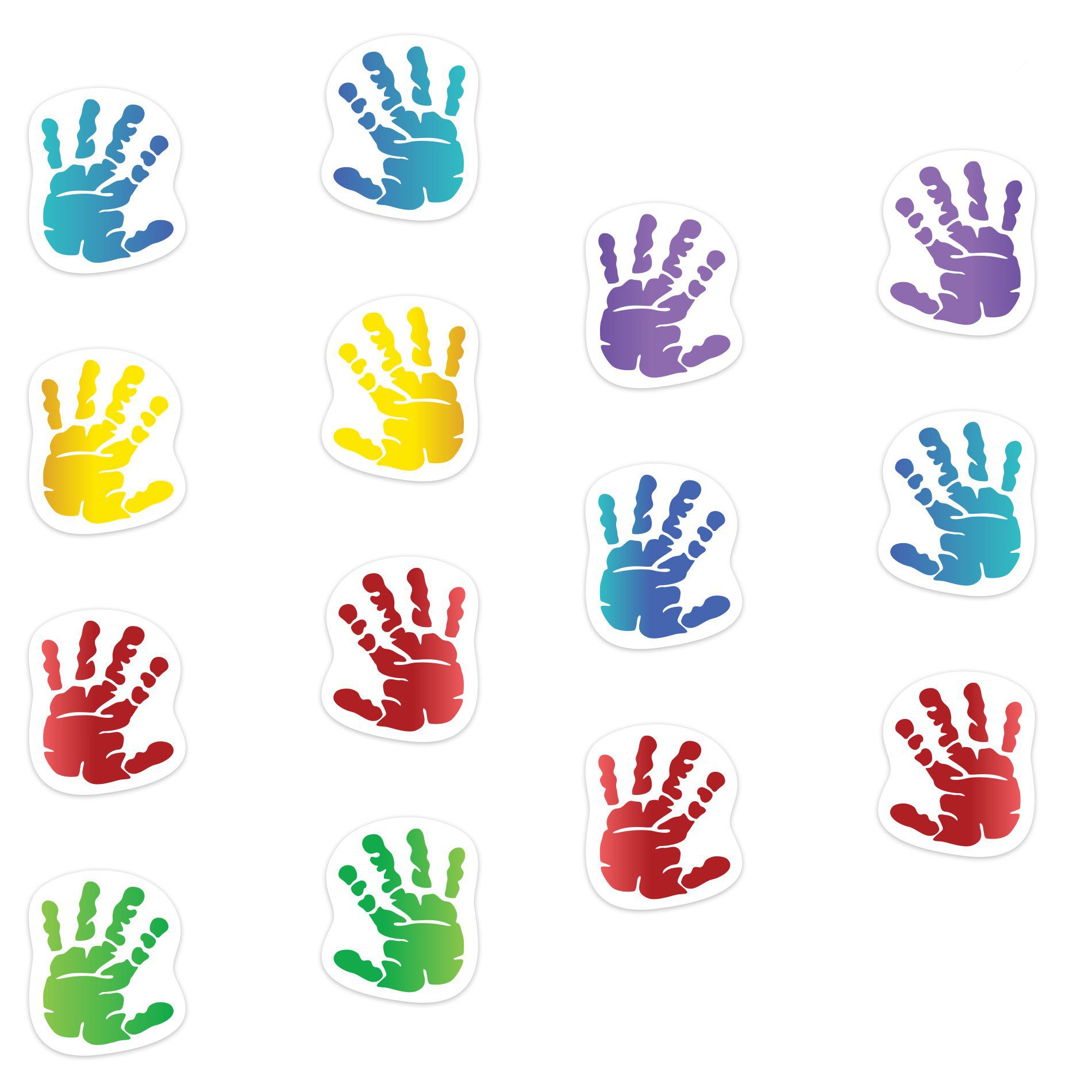 Conjunto de adesivos antiderrapantes coloridos em formato de mãozinhas para piso infantil sobre fundo branco