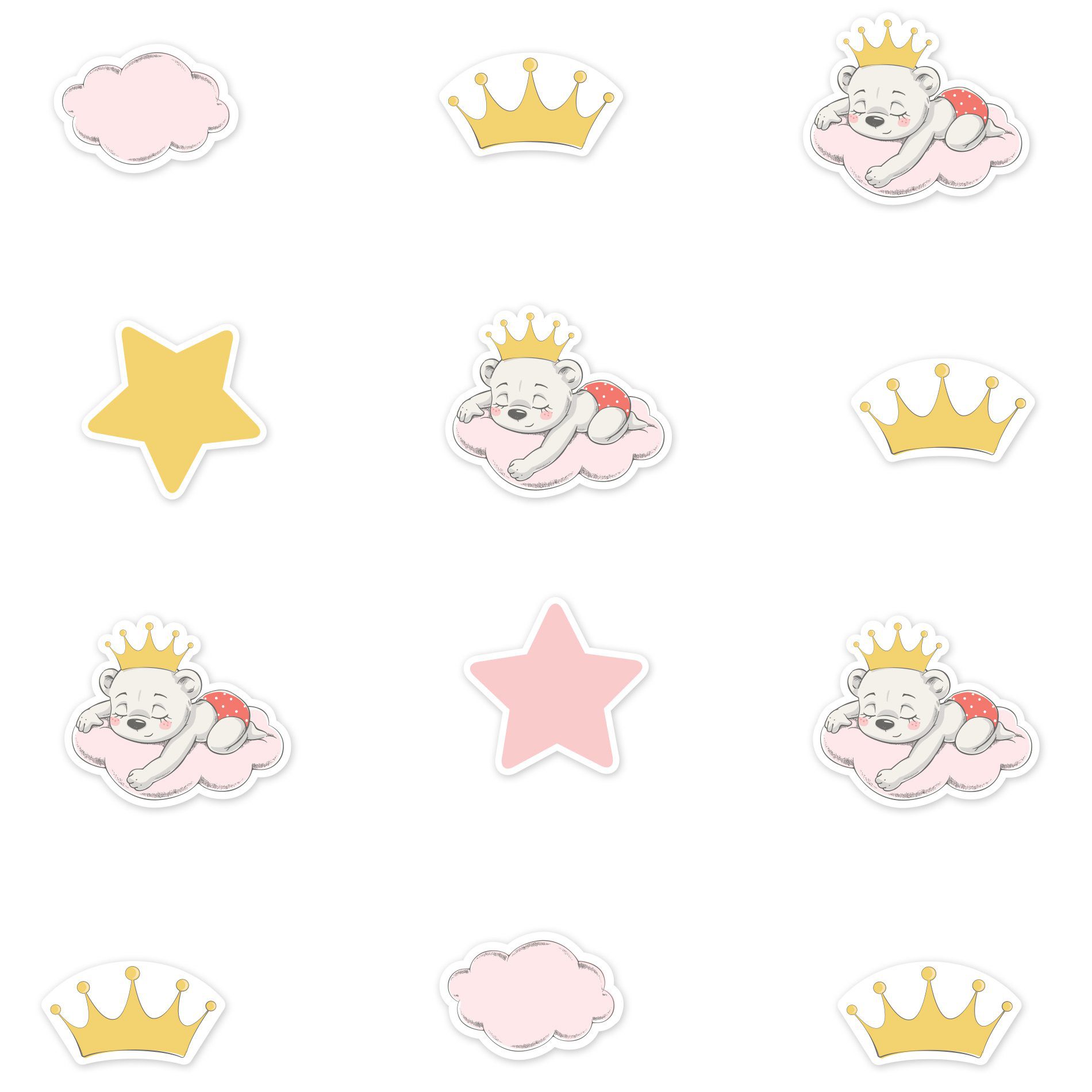 Adesivos antiderrapantes para piso com tema Ursinha Princesa exibidos sobre fundo branco mostrando detalhes e tamanhos.