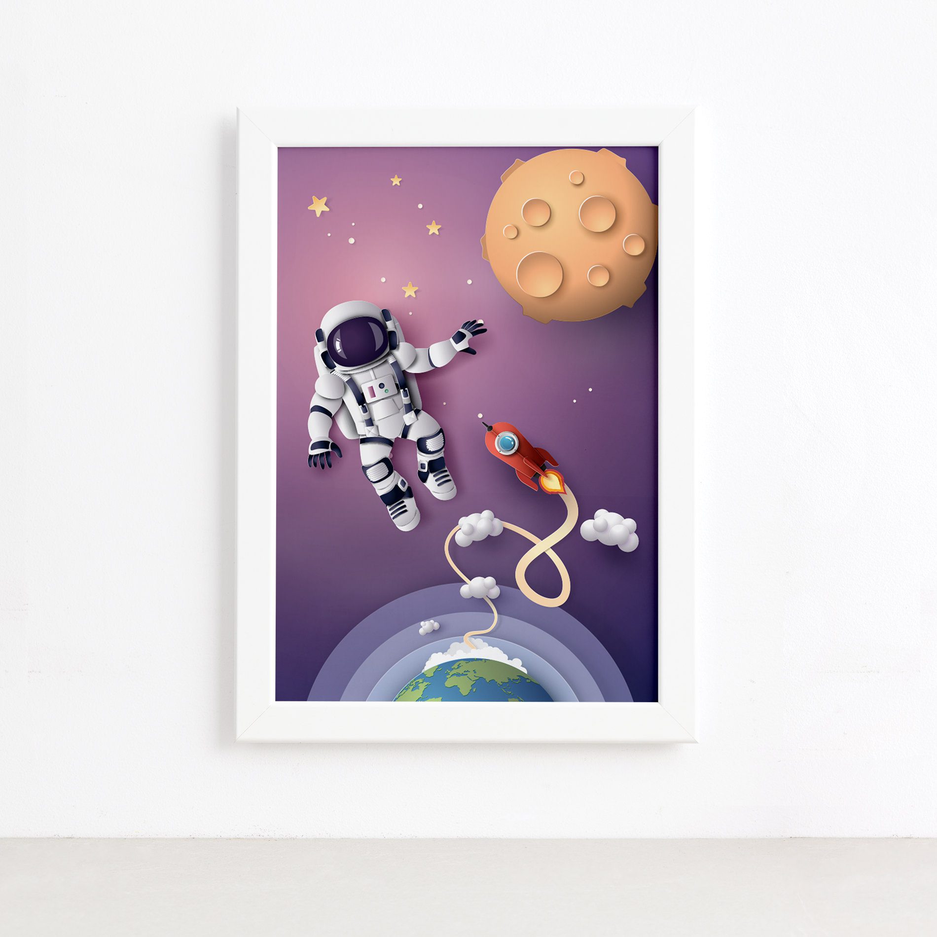 Quadro Astrounauta e Foguete no Espaço Mold Branca 22x32cm,Quadro Astrounauta e Foguete no Espaço Mold Branca 22x32cm