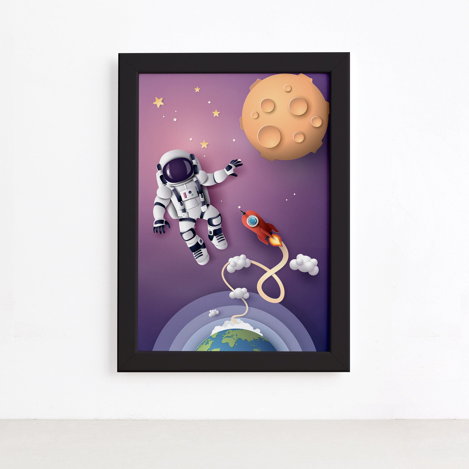 Quadro Astrounauta e Foguete no Espaço Moldura Preta 22x32cm,Quadro Astrounauta e Foguete no Espaço Moldura Preta 22x32cm