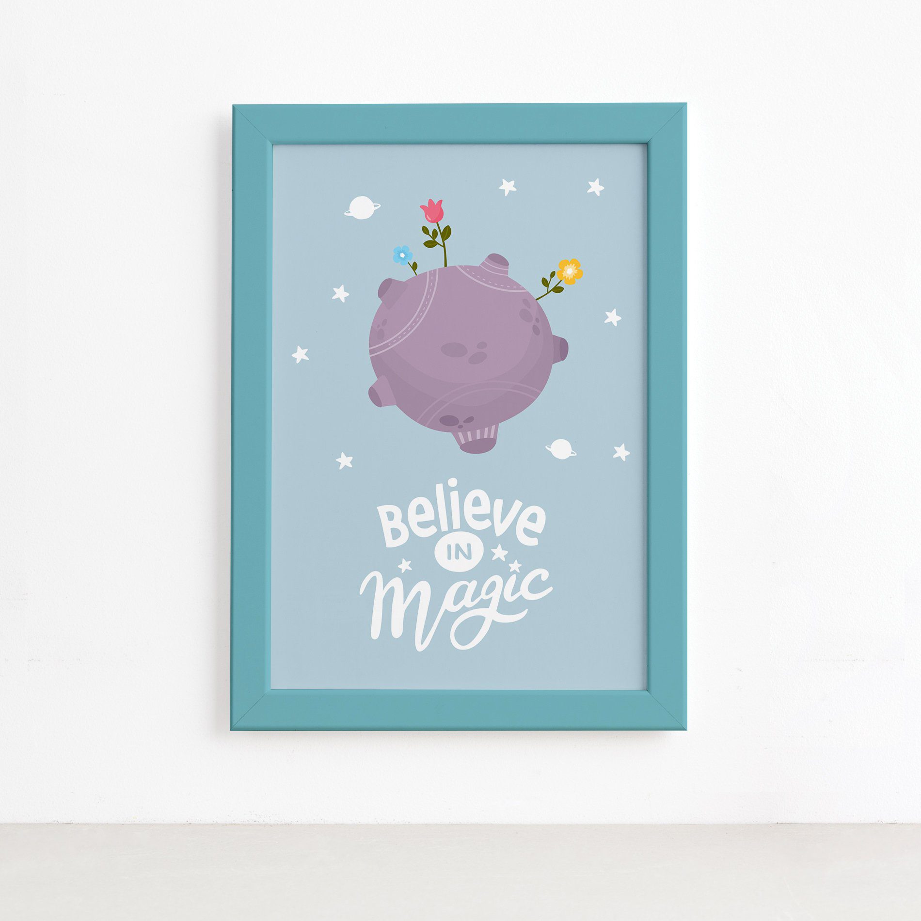 Quadro para Quarto de Bebê Planeta Príncipe Moldura Azul