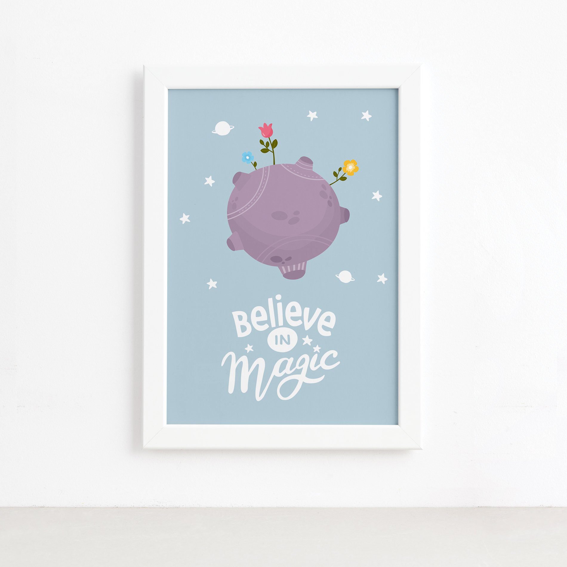 Quadro para Quarto de Bebê Planeta Principe Moldura Branca