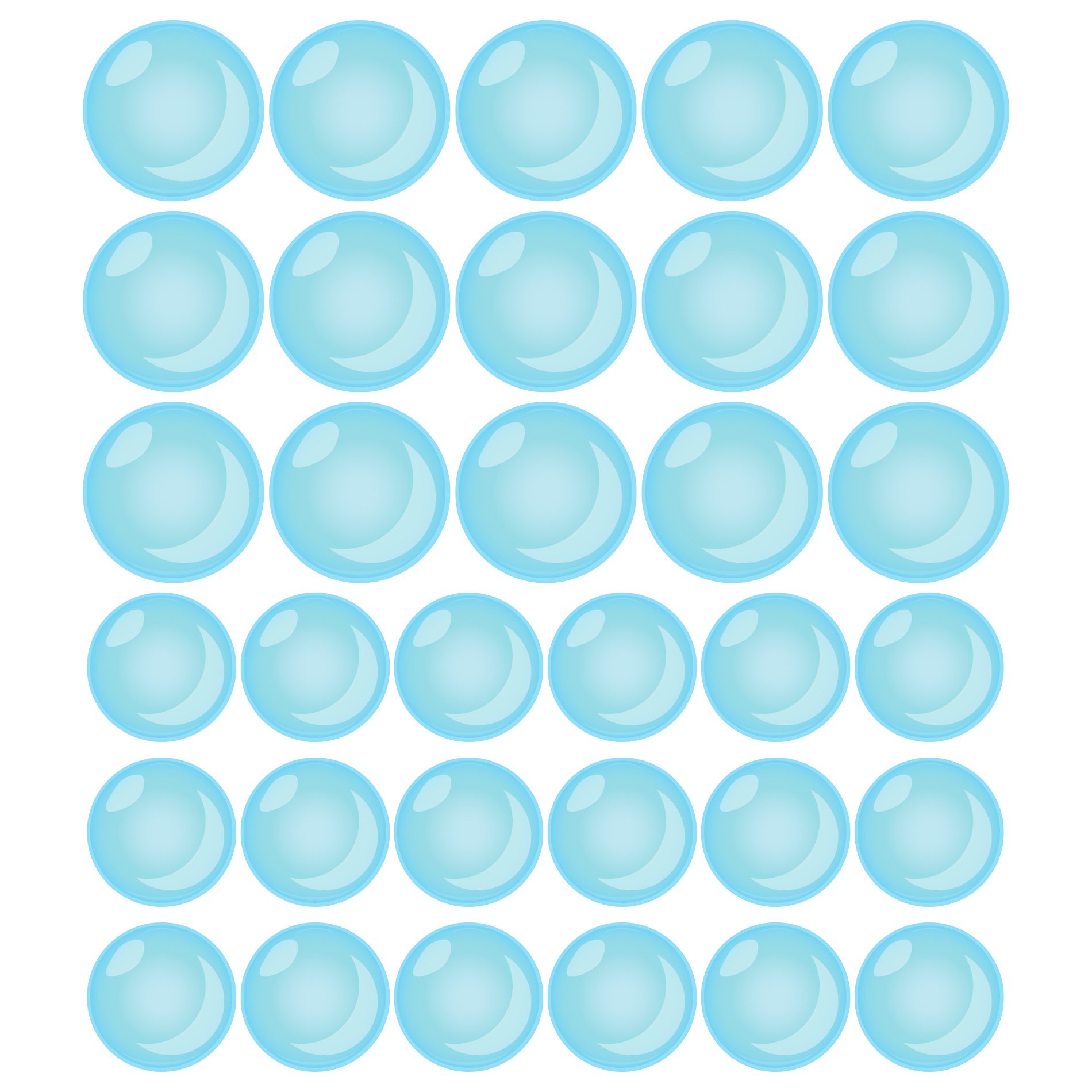 Adesivos decorativos de bolhas azuis organizados em fileiras sobre fundo branco, mostrando detalhes do vinil autoadesivo e acabamento acetinado.