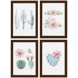 Kit de Quadros Cactos com Moldura Marrom 4un 22x32cm