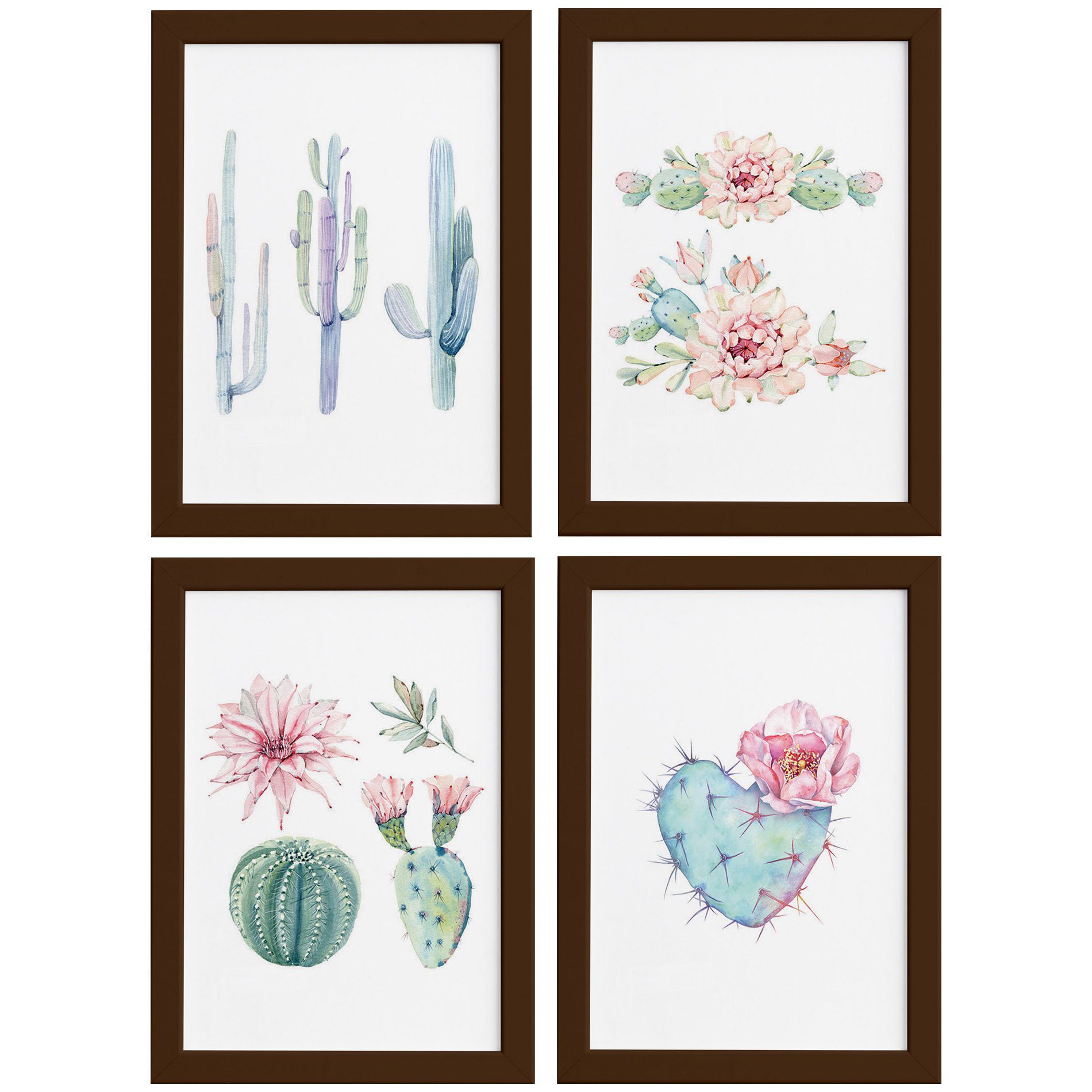 Kit de Quadros Cactos com Moldura Marrom 4un 22x32cm