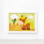 Quadro Cavalinho e Galo Fazenda Feliz Moldura Branca 22x32cm
