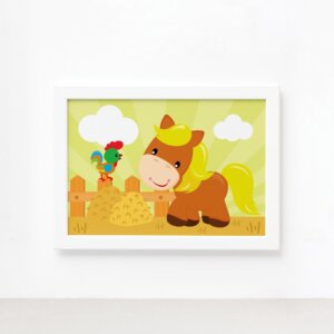 Quadro Cavalinho e Galo Fazenda Feliz Moldura Branca 22x32cm,Quadro Cavalinho e Galo Fazenda Feliz Moldura Branca 22x32cm