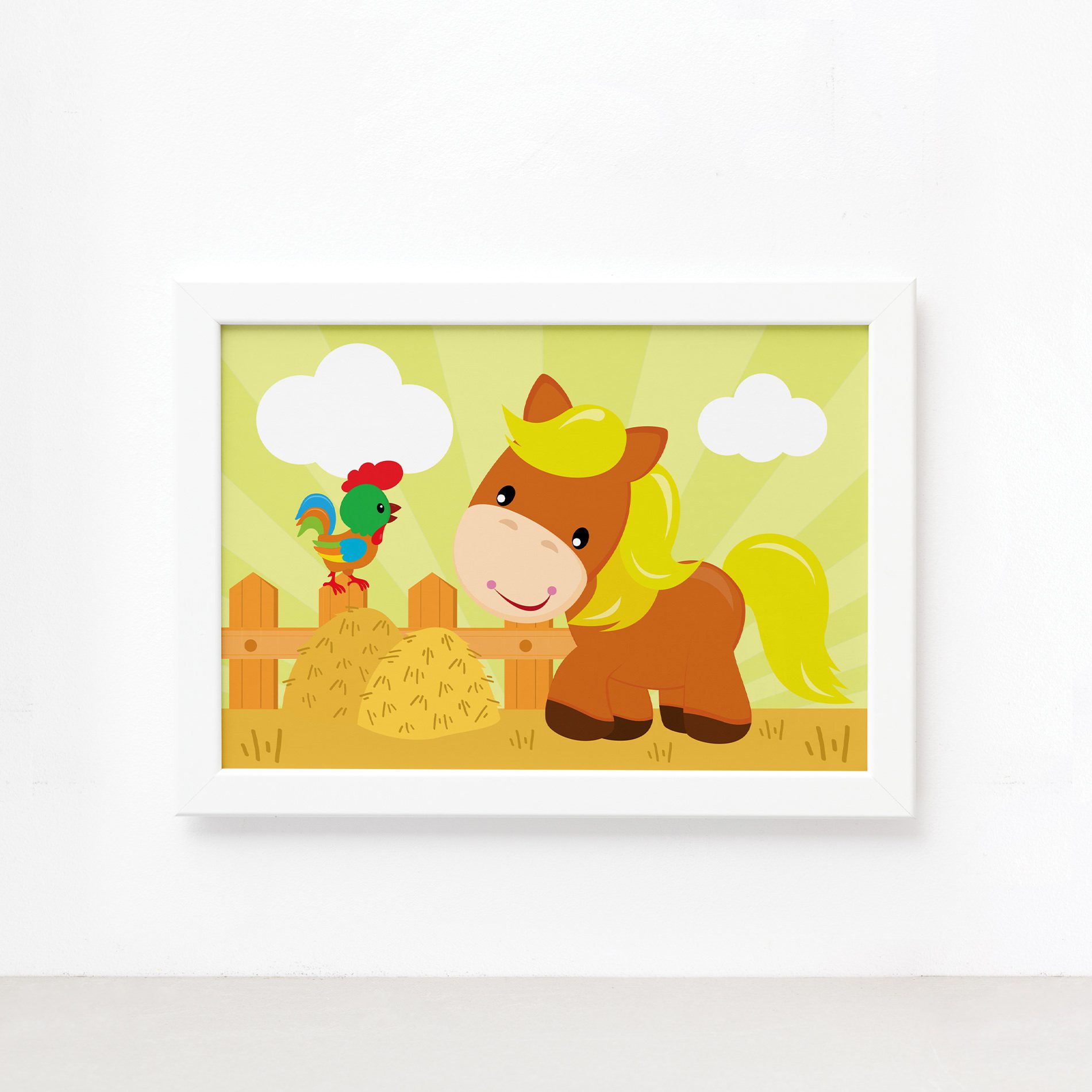 Quadro Cavalinho e Galo Fazenda Feliz Moldura Branca 22x32cm,Quadro Cavalinho e Galo Fazenda Feliz Moldura Branca 22x32cm
