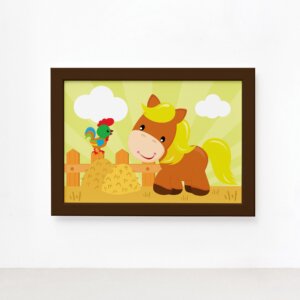 Quadro Cavalinho e Galo Fazenda Feliz Moldura Marrom 22x32cm,Quadro Cavalinho e Galo Fazenda Feliz Moldura Marrom 22x32cm