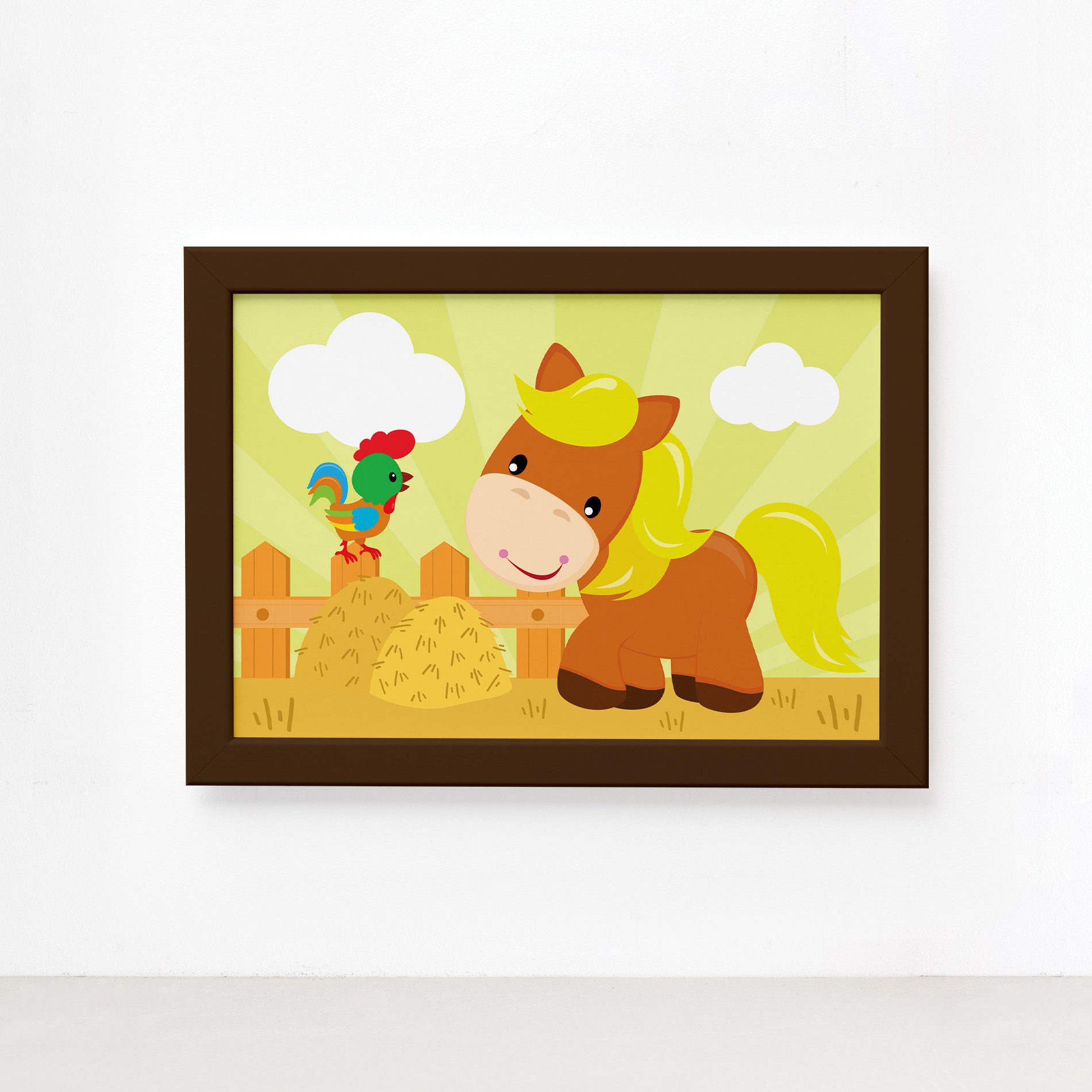 Quadro Cavalinho e Galo Fazenda Feliz Moldura Marrom 22x32cm,Quadro Cavalinho e Galo Fazenda Feliz Moldura Marrom 22x32cm