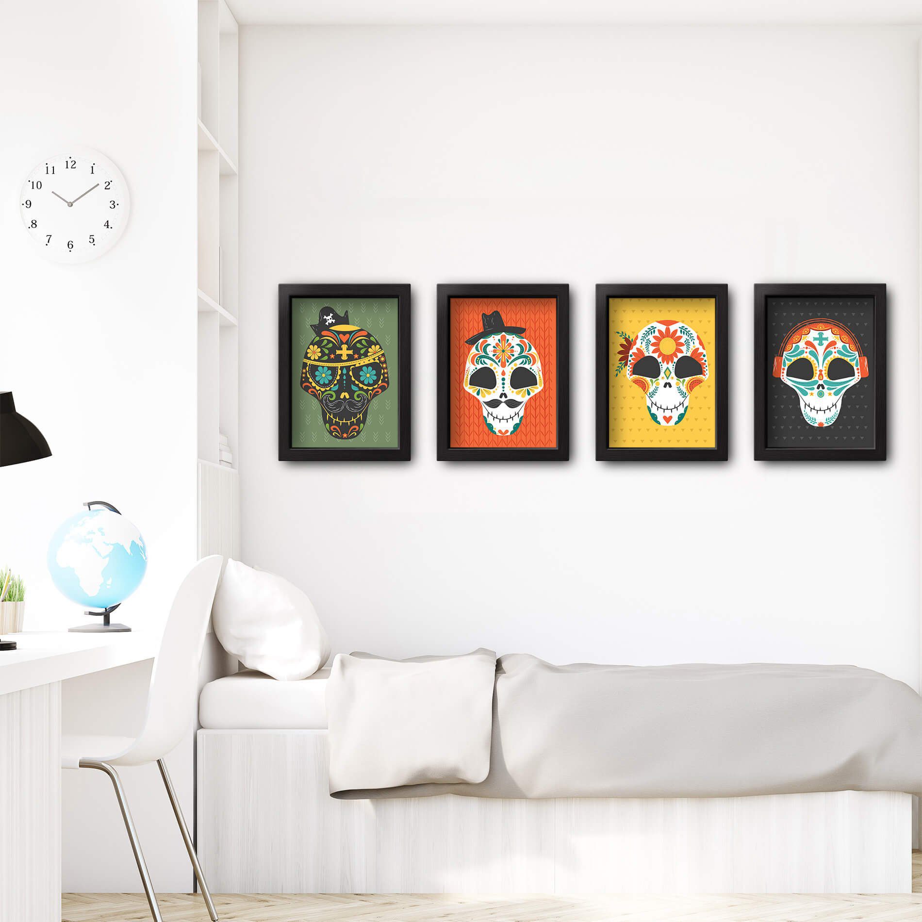 Quadros Decorativos Sala Caveira Moldura Preta Kit 4un