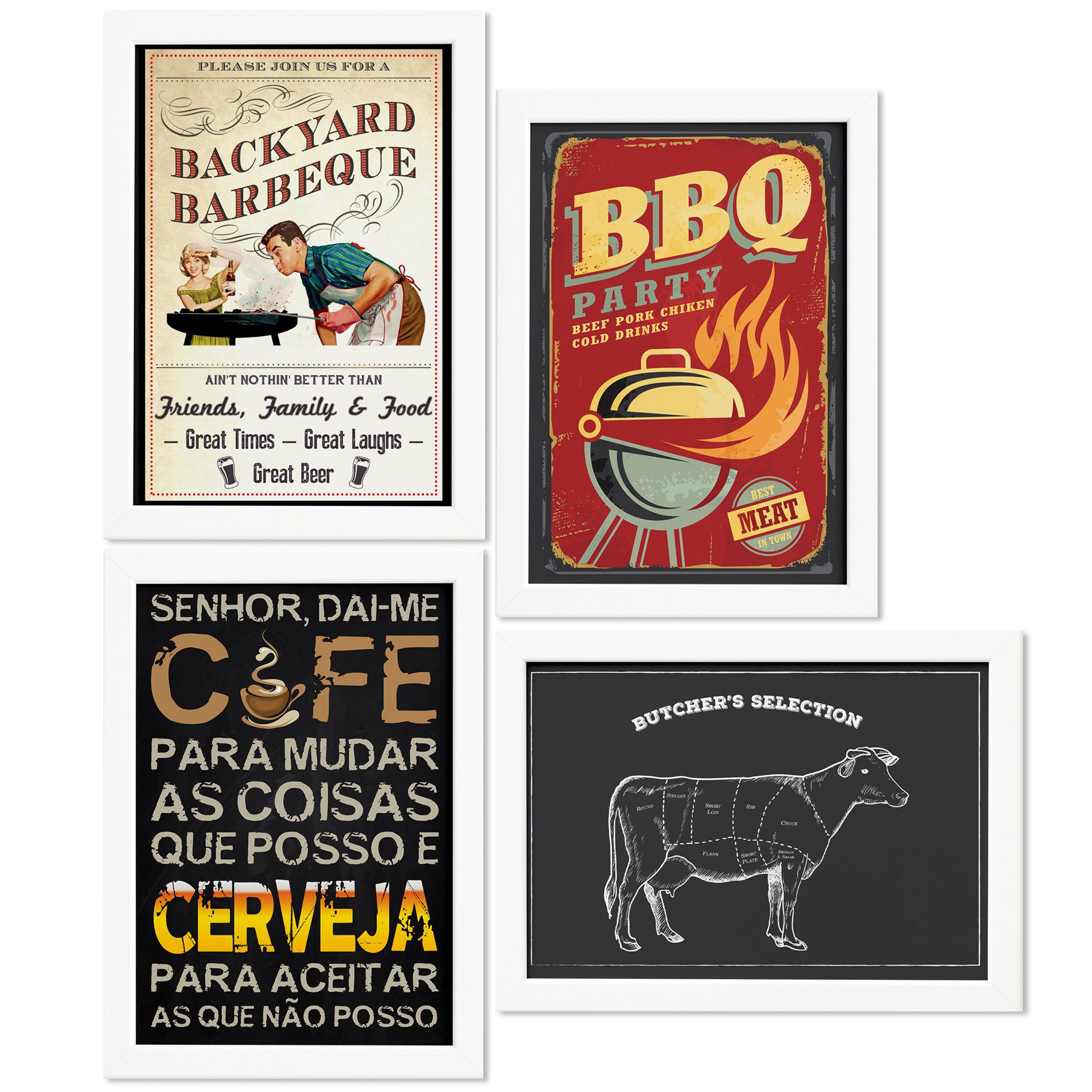 Quadros Churrasco Moldura Branca 33x43cm 4un