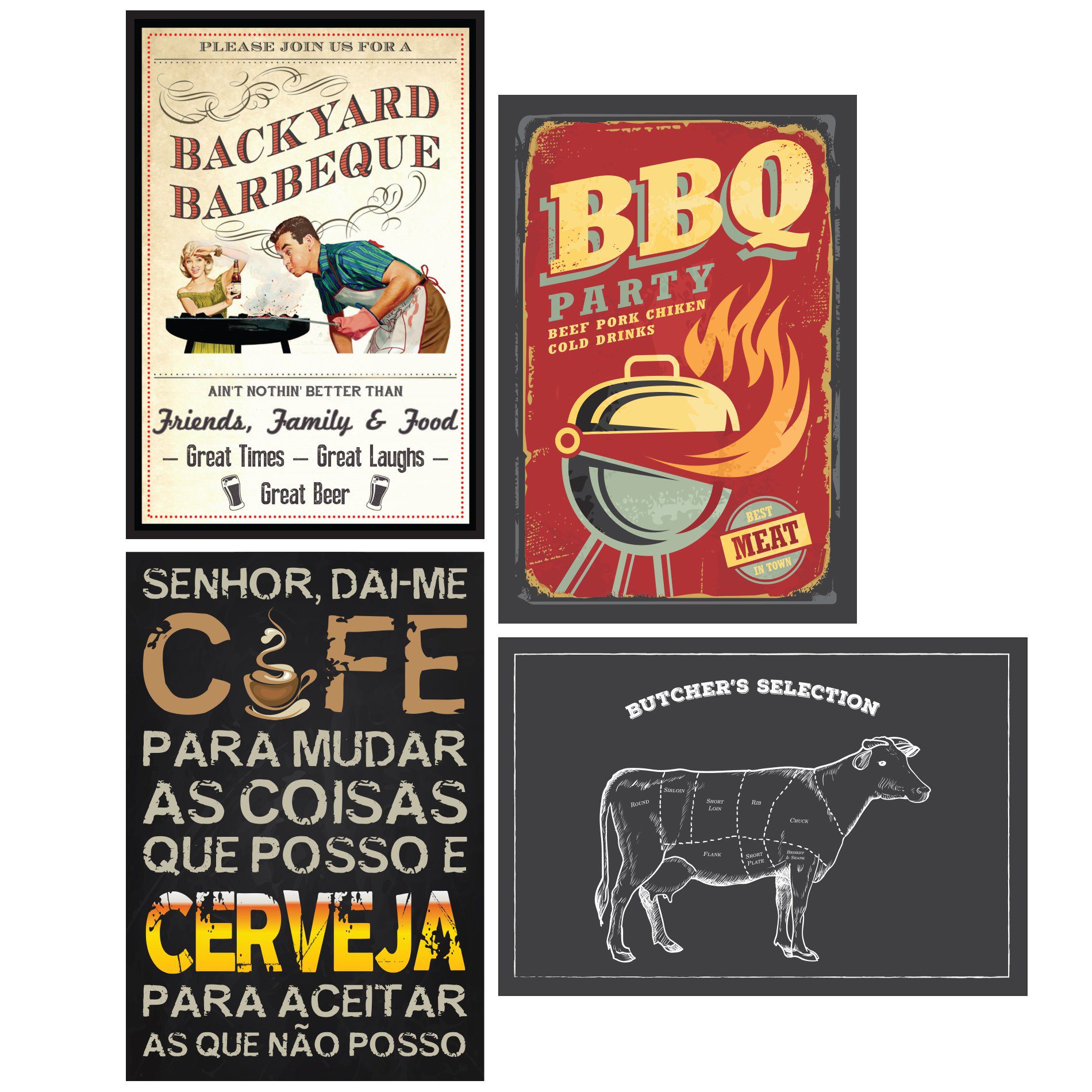 Kit com 4 placas decorativas retangulares em MDF com tema churrasco, mostrando detalhes e especificações técnicas do produto