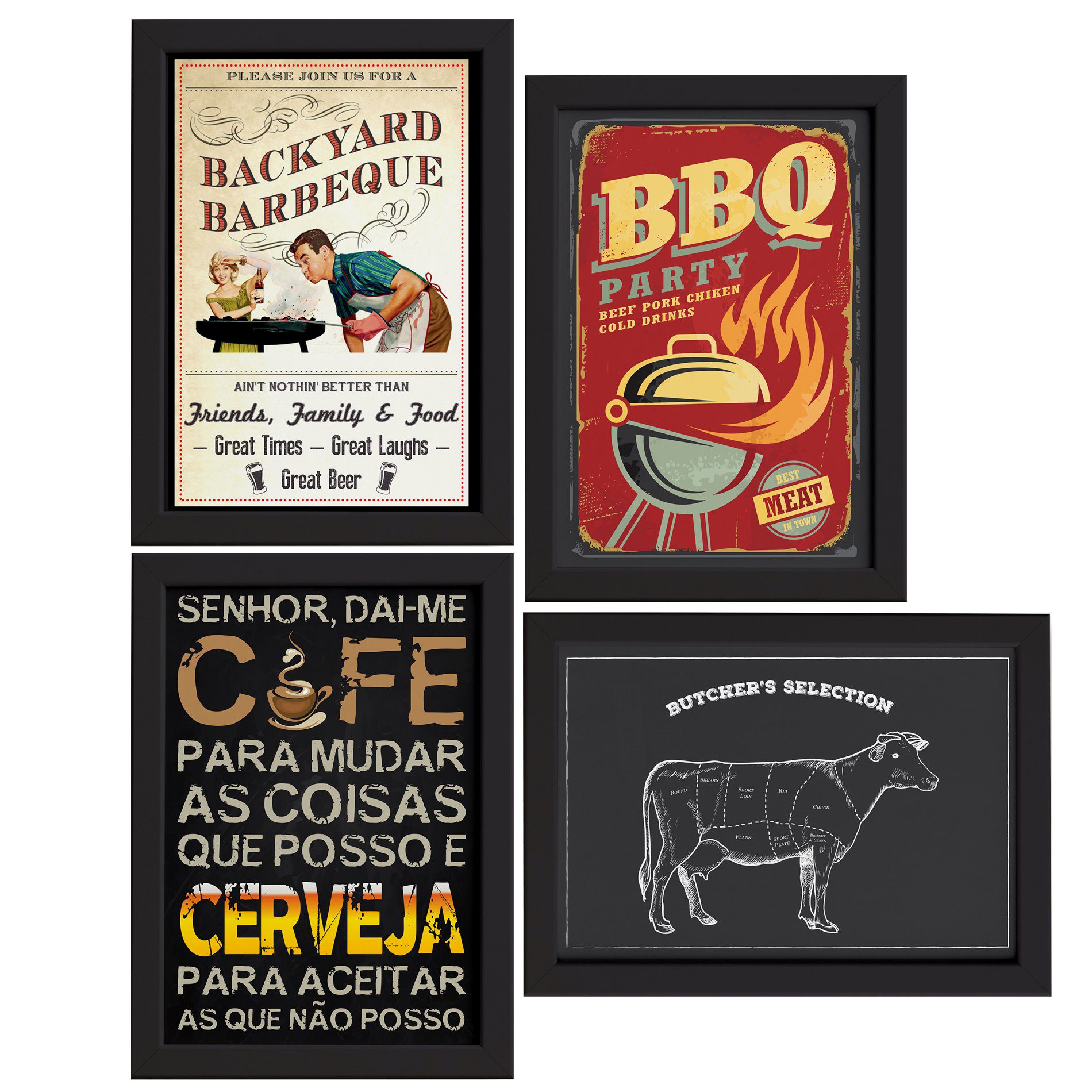 Quadros Churrasco Moldura Preta 33x43cm 4un