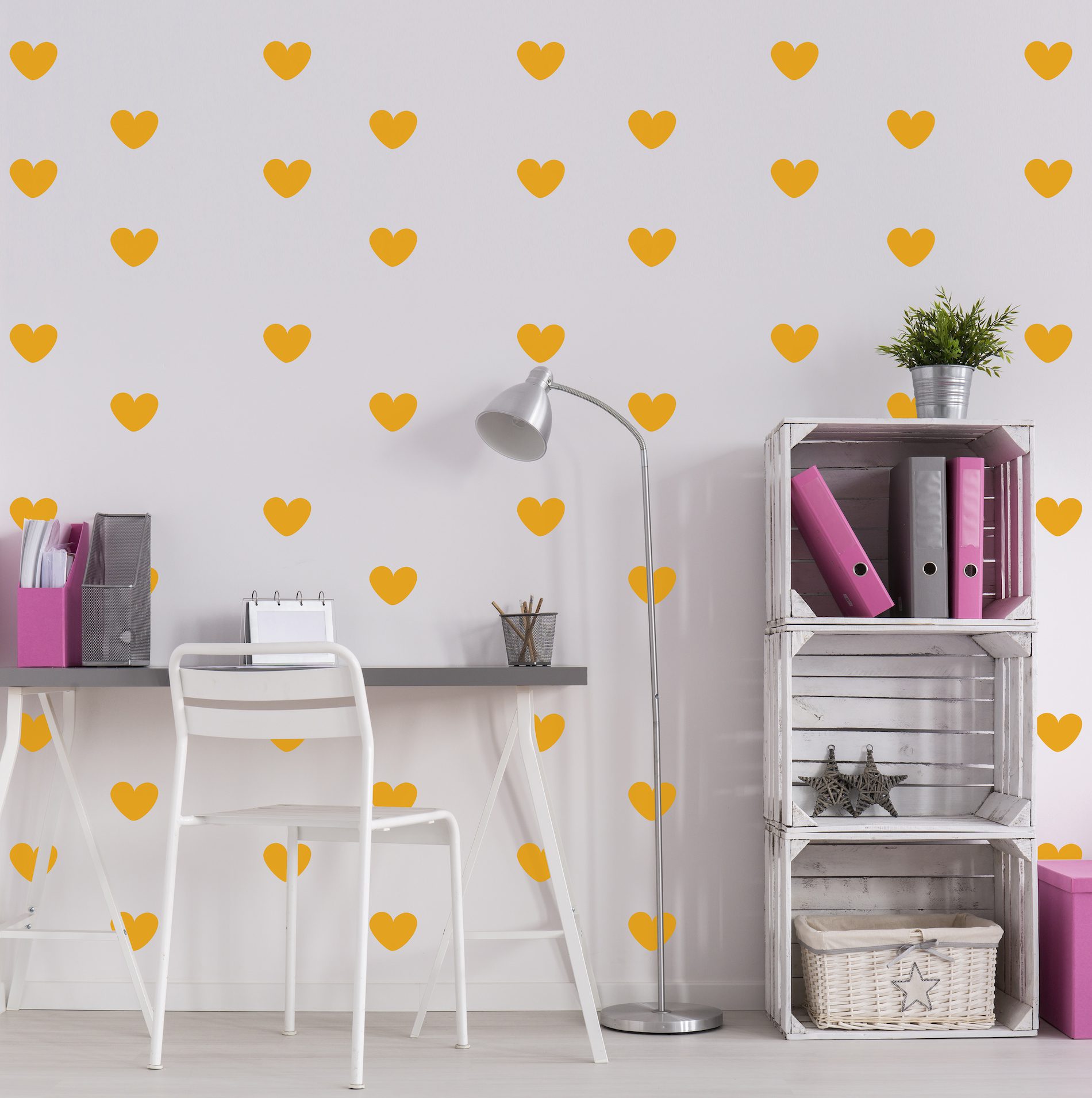 Adesivo de Corações Amarelo Médio para Quarto 55un Cobre 5m²