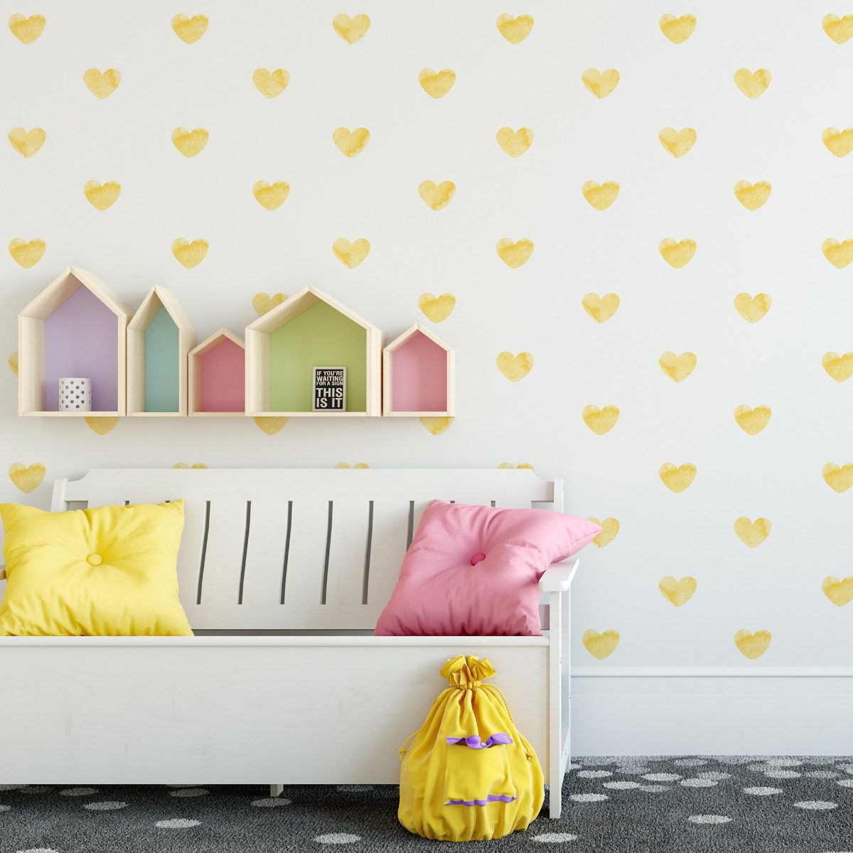 Adesivo de Parede Corações Aquarela Amarelo 55 un Cobre 5m²