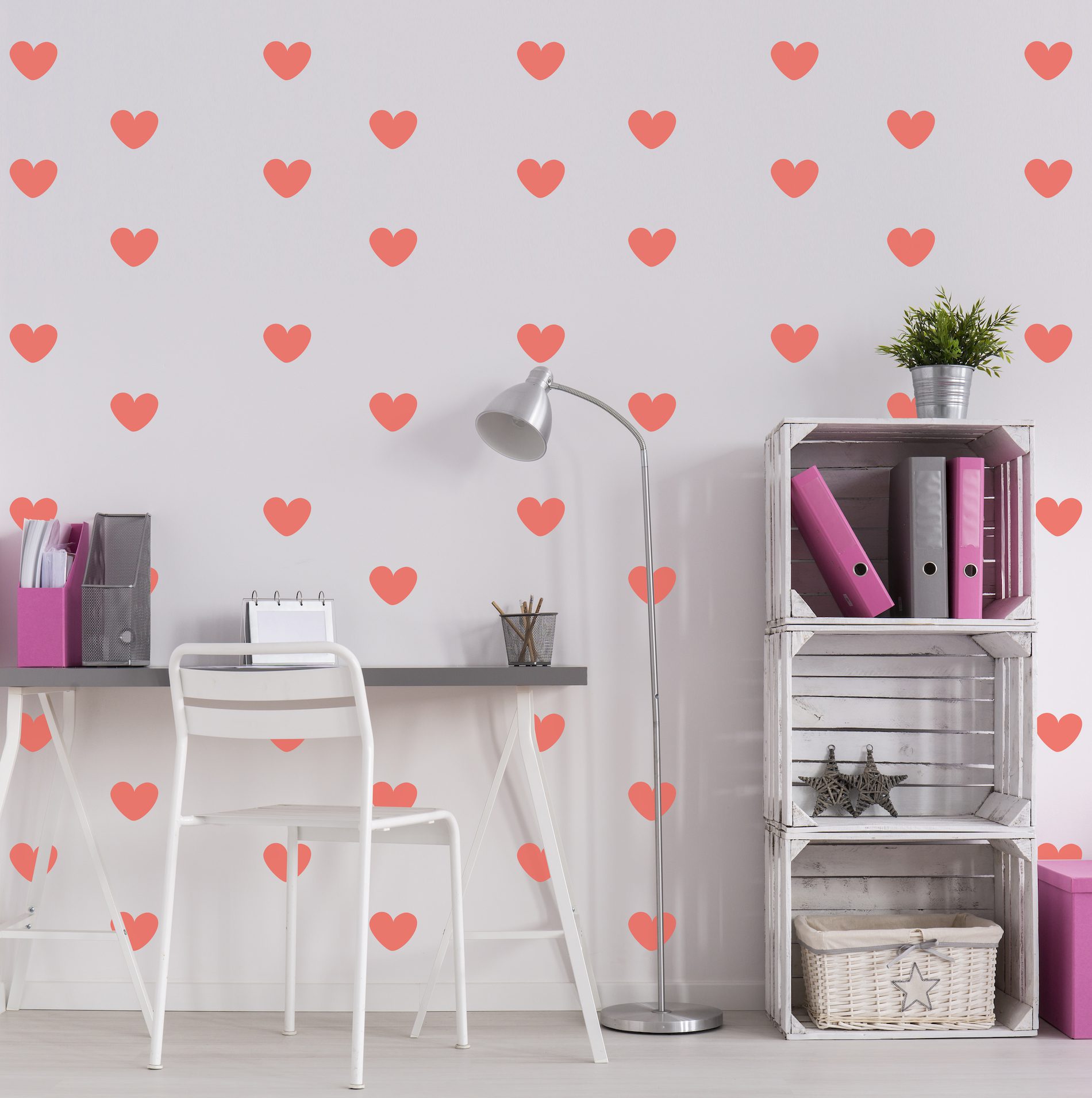 Adesivo de Corações Rosa Coral para Quarto 55un Cobre 5m²