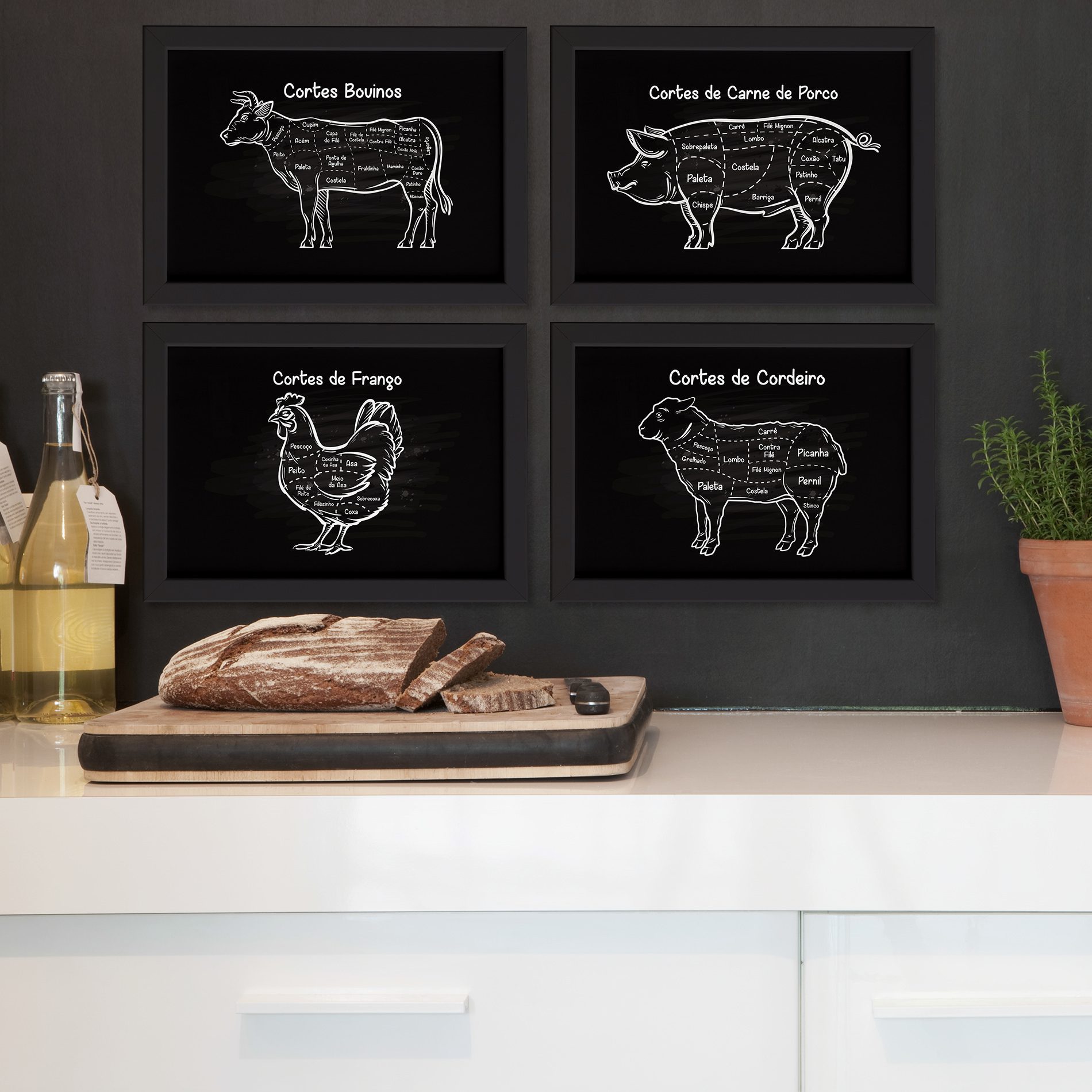 Quadros Cozinha Cortes de Churrasco Moldura Preta 22x32cm Kit 4un,Quadros Cozinha Cortes de Churrasco Moldura Preta 22x32cm Kit 4un
