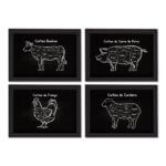 Quadros Cozinha Cortes de Churrasco Moldura Preta 22x32cm Kit 4un