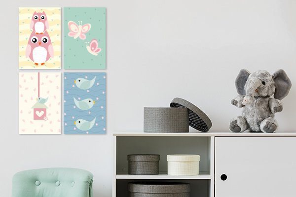 Placas Decorativas Coruja Baby Rosa MDF 20x30cm Kit 4un