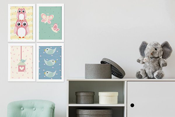 Quadros Corujinha Baby Rosa Moldura Branca