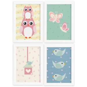 Quadros Corujinha Baby Rosa Moldura Branca