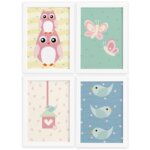 Quadros Corujinha Baby Rosa Moldura Branca 33x43 4un