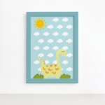 Quadro Infantil Dinossauro Baby Amarelo 22x32 Moldura Azul