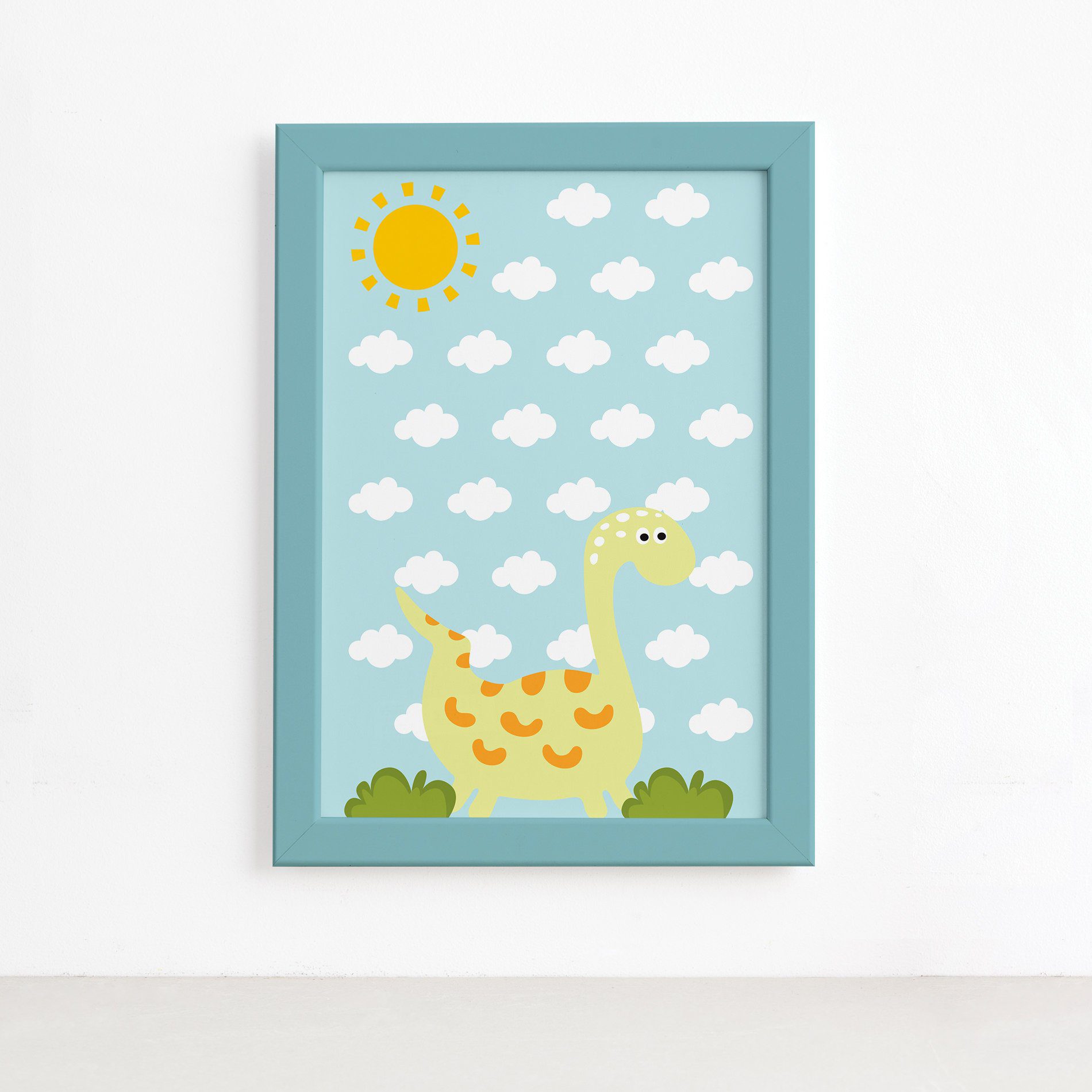 Quadro Decorativo Dinossauro Baby Amarelo 22x32 Moldura Azul