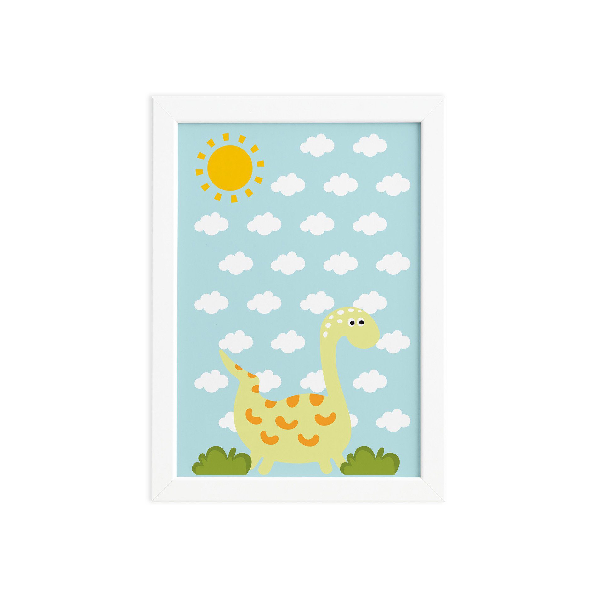Quadro Infantil Dinossauro Baby Amarelo 33x43 Moldura Branca