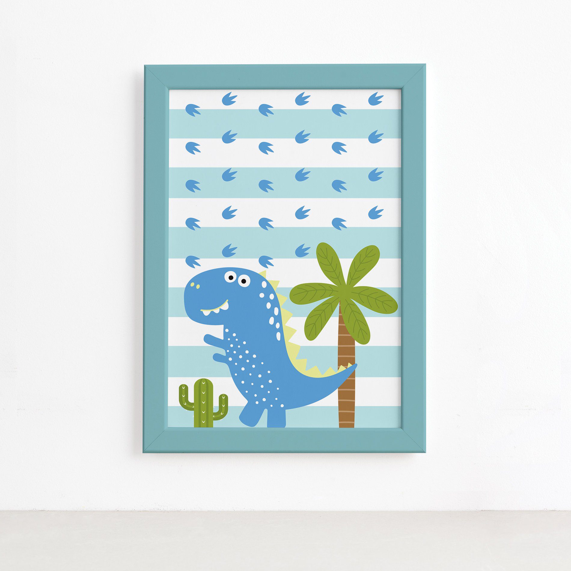 Quadro Decorativo Dinossauro Baby Azul 22x32 Moldura Azul