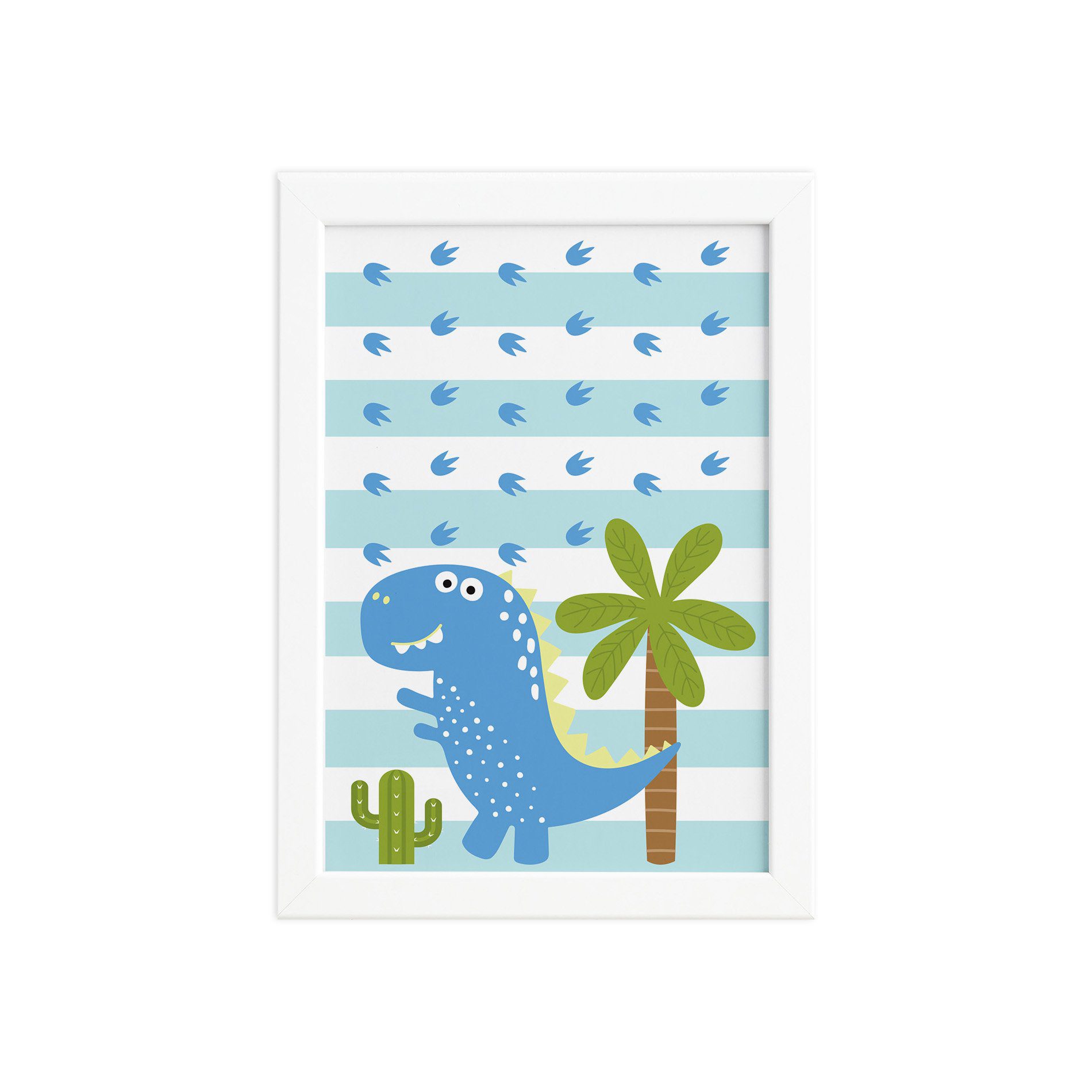 Quadro Infantil Dinossauro Baby Azul 33x43 Moldura Branca