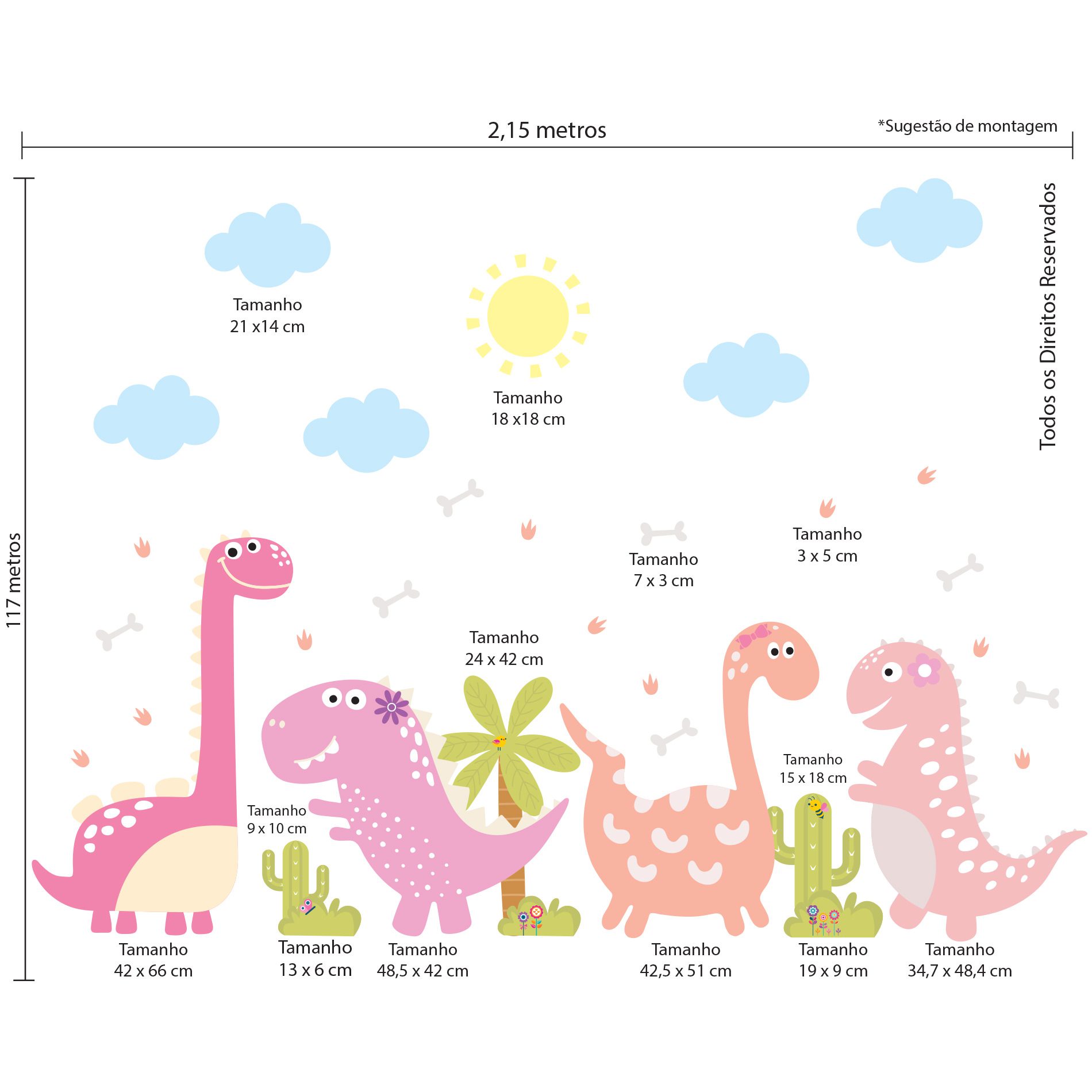 Imagem ilustrativa com medidas do adesivo de parede dinossauro baby menina, mostrando dimensões e detalhes para aplicação.