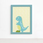 Quadro Infantil Dinossauro Baby Turquesa 22x32 Moldura Azul
