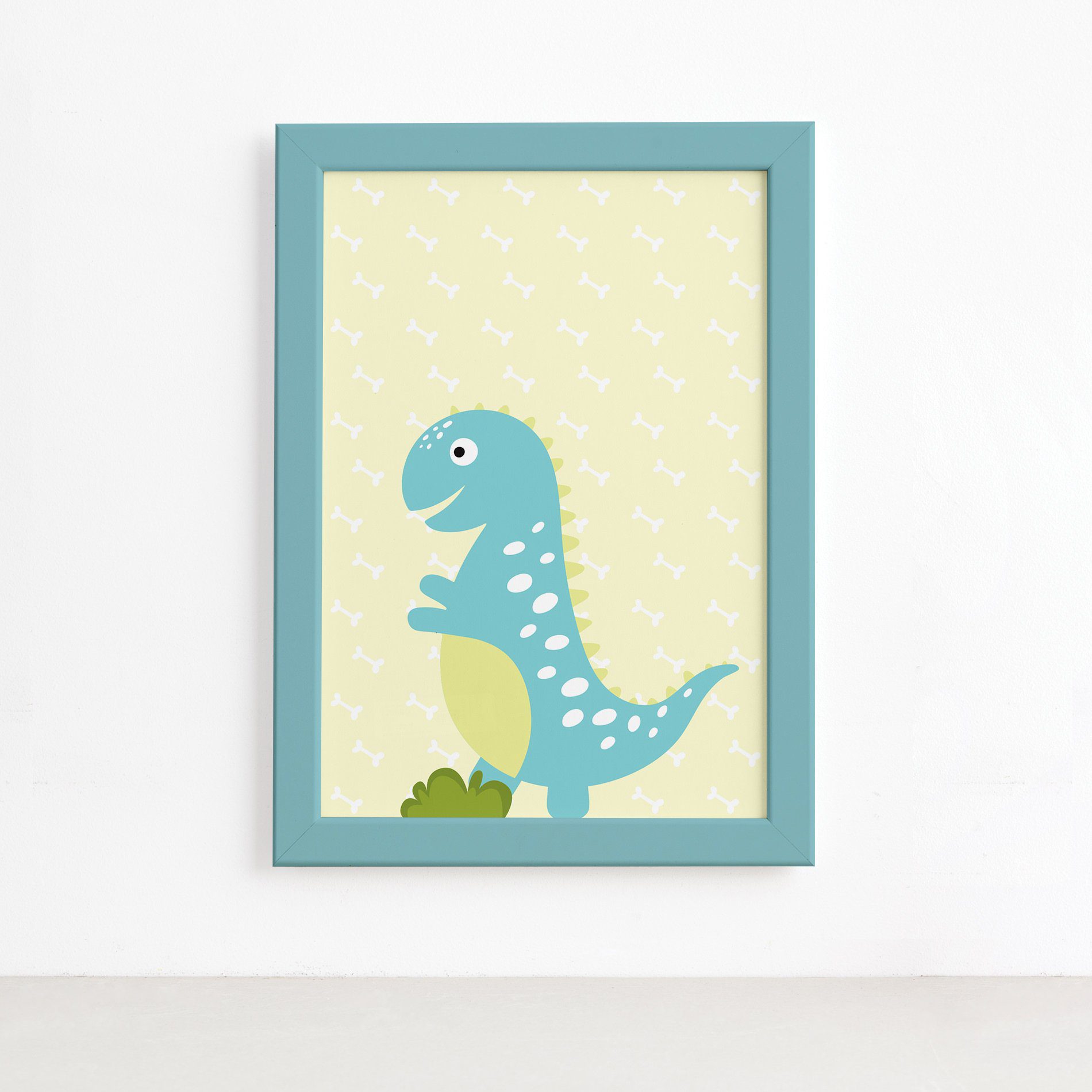Quadro Decorativo Dinossauro Baby Turquesa 22x32 Moldura Azul