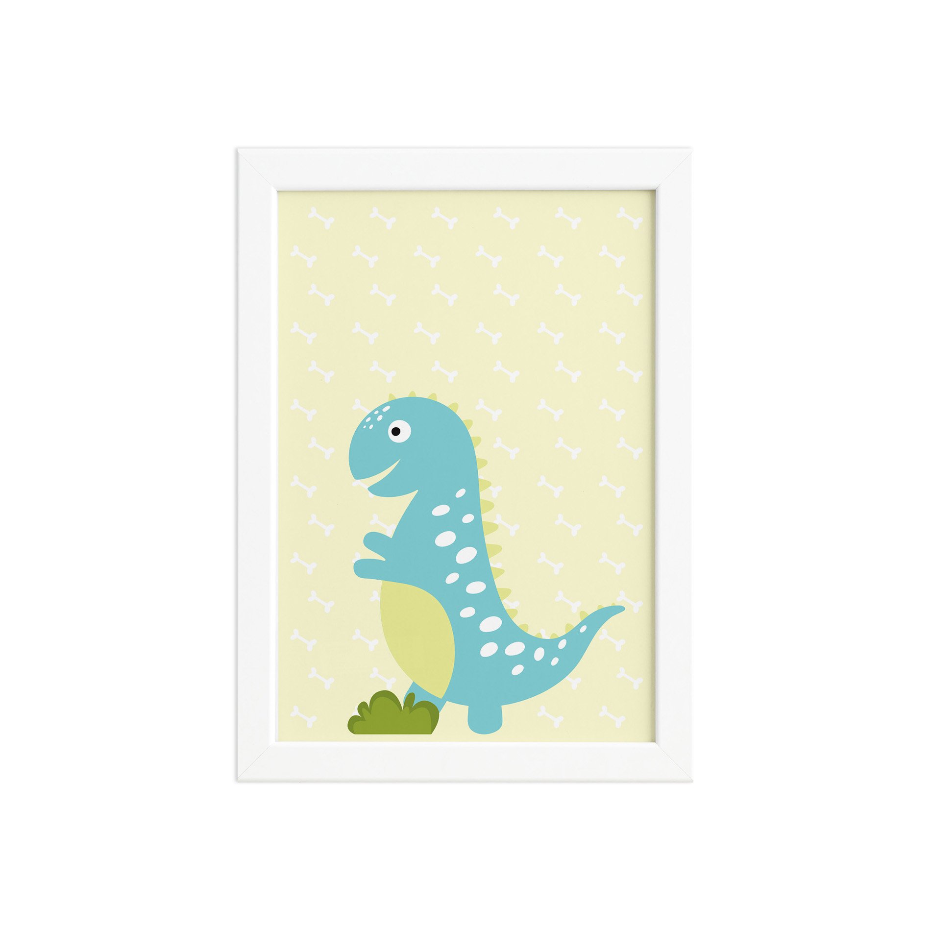 Quadro Infantil Dinossauro Baby Turquesa 33x43 Moldura Branca