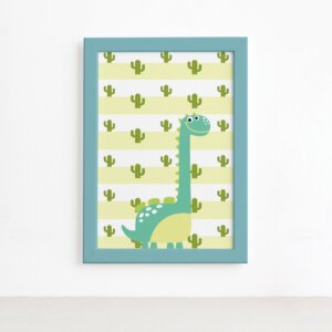 Quadro Decorativo Dinossauro Baby Verde 22x32 Moldura Azul