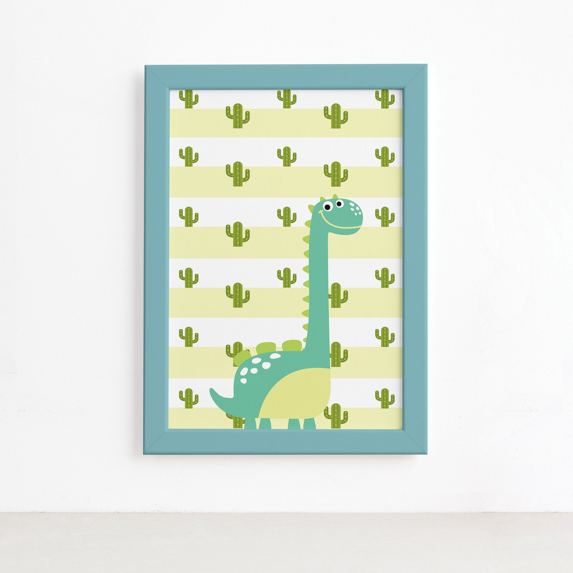 Quadro Decorativo Dinossauro Baby Verde 22x32 Moldura Azul