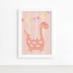 Quadro Dinossauro Menina Rosa Coral Moldura Branca 22x32cm