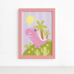 Quadro Dinossauro Menina Lilás Moldura Rosa 22x32cm
