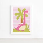 Quadro Dinossauro Menina Rosa Pink Moldura Branca 22x32cm