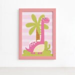 Quadro Dinossauro Menina Rosa Pink Moldura Rosa 22x32cm