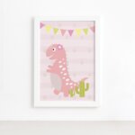 Quadro Dinossauro Menina Rosa Claro Moldura Branca 22x32cm